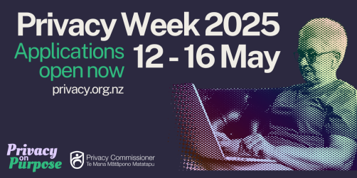 Privacy Week advertising graphic saying that applications are now open. An older person types on a laptop.