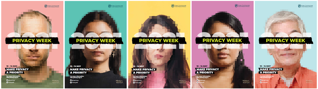 Thumbnails of five Privacy Week posters showing pixelated faces