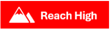 A logo for fictional company Reach High. It is red with white text and has a mountain icon on the left.