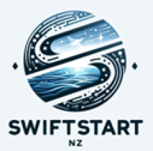 A logo for fictional company SwiftStart. It has blue tones and looks futuristic. It is a circle that has waves and stars and a stylised letter S through the middle.